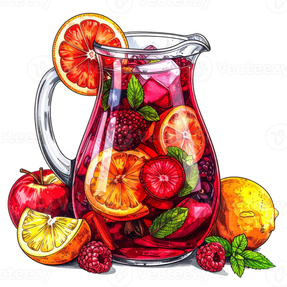 Refreshing Red Fruit Sangria in Glass Pitcher png