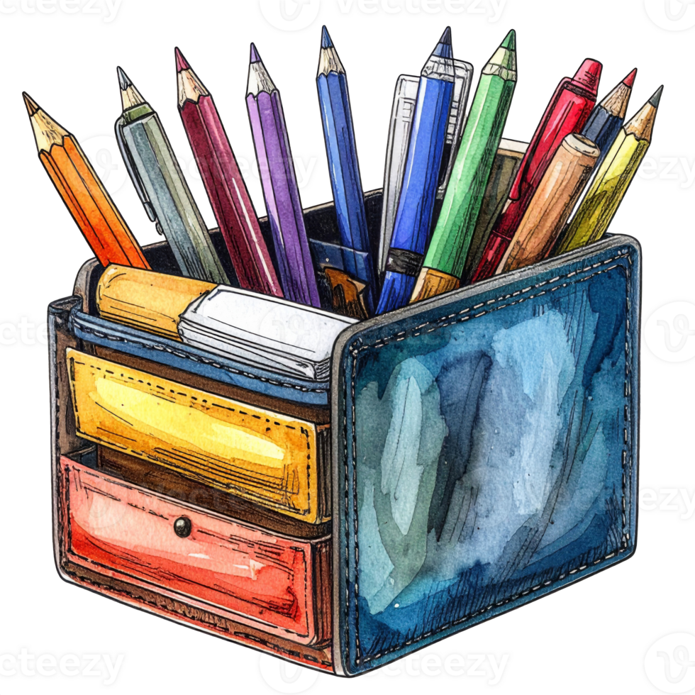 Colorful Pencils Pens and Markers in Desk Organizer png