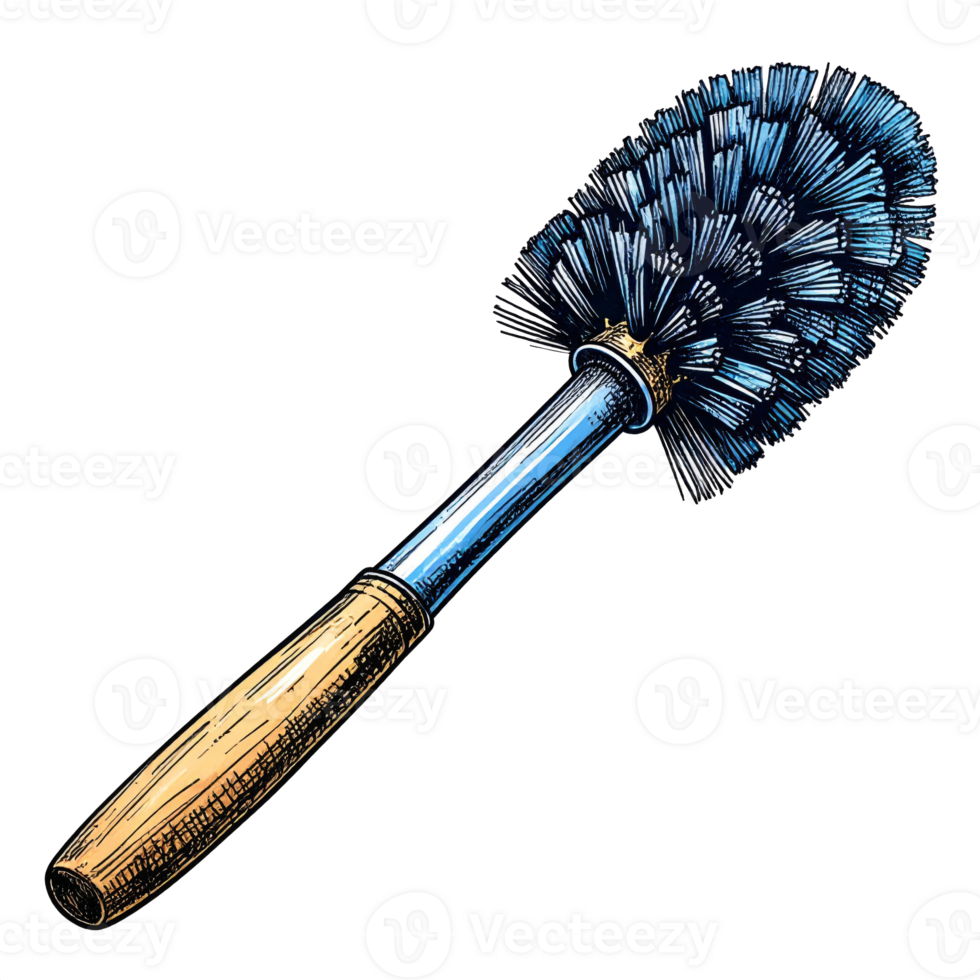 Blue Toilet Brush with Wooden Handle on Transparent Background png