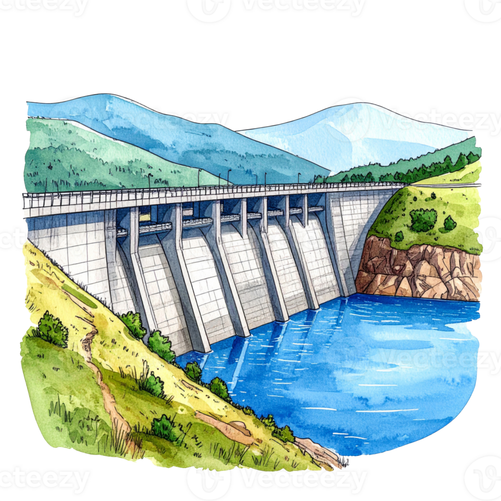 Watercolor Illustration of a Dam in a Mountainous Landscape png