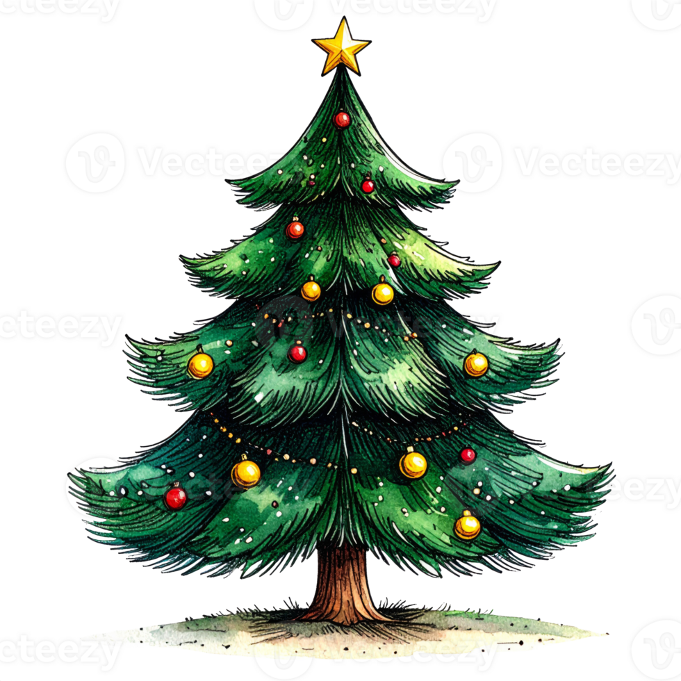 Green Christmas Tree with Red and Gold Ornaments png