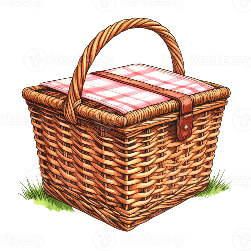 Brown Wicker Picnic Basket with Red and White Gingham Cloth png