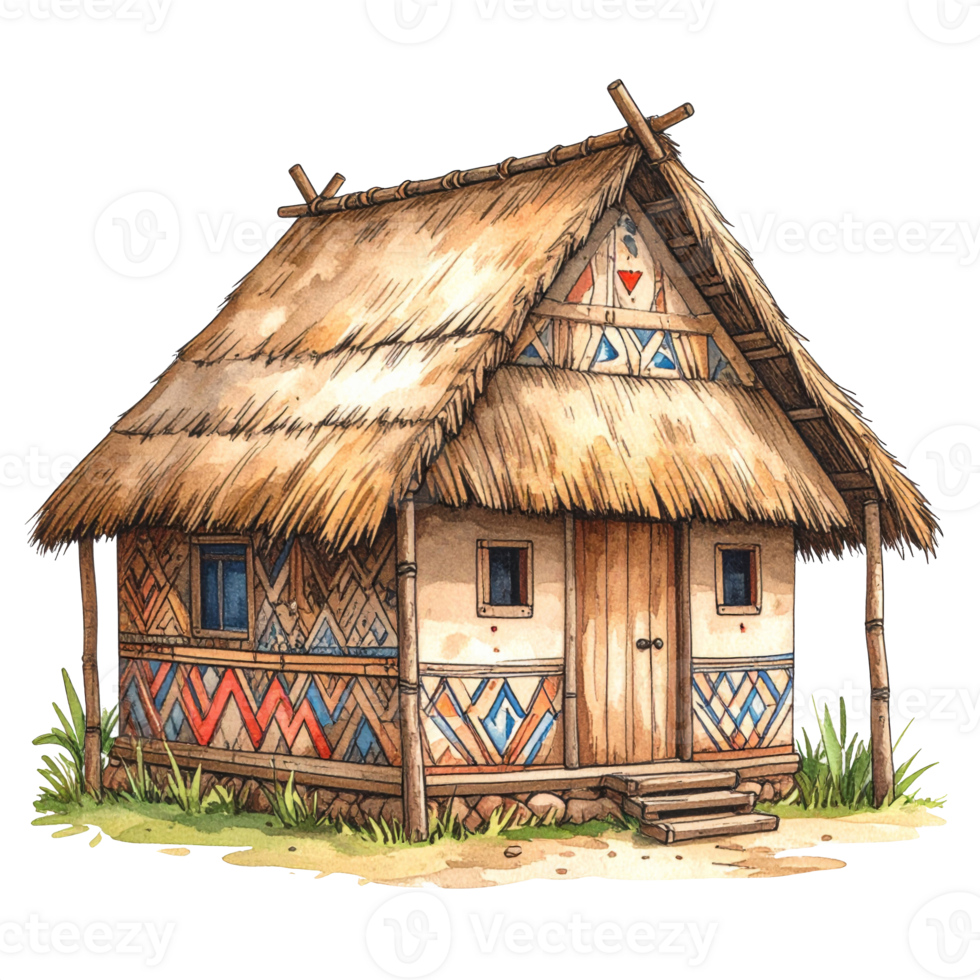 Thatched Roof Hut with Geometric Wall Designs png