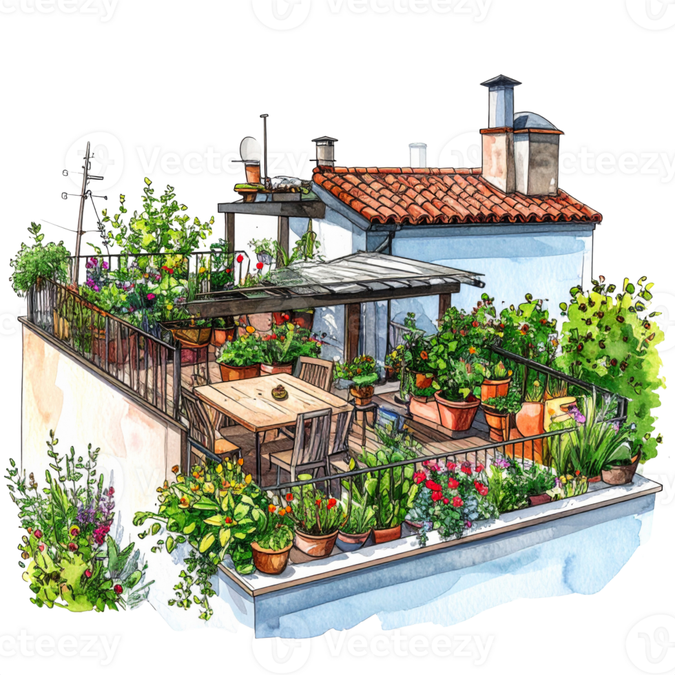 Vibrant Rooftop Garden Watercolor Illustration png