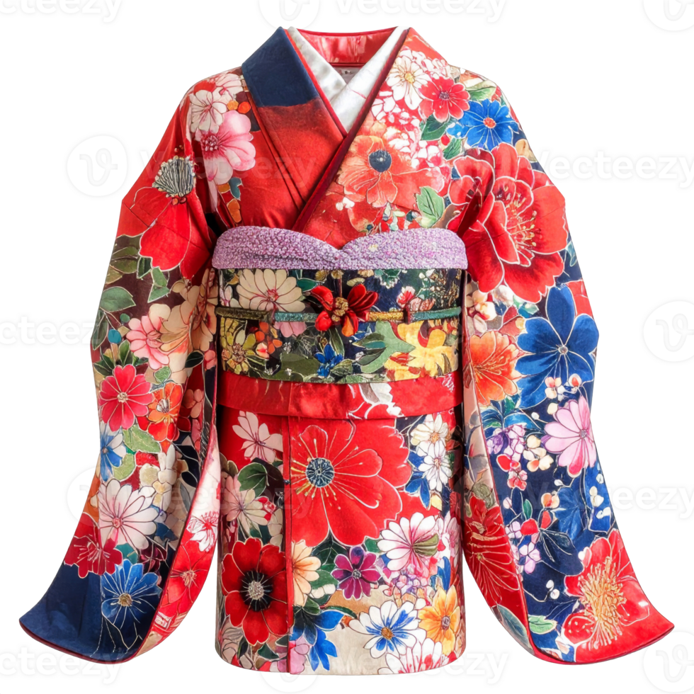 Red Floral Kimono with Intricate Design on Transparent Background png