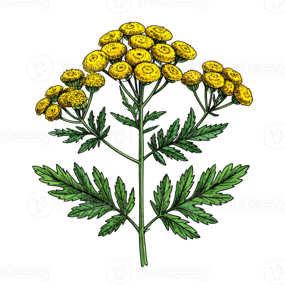 Detailed Tansy Flower Illustration with Green Leaves png
