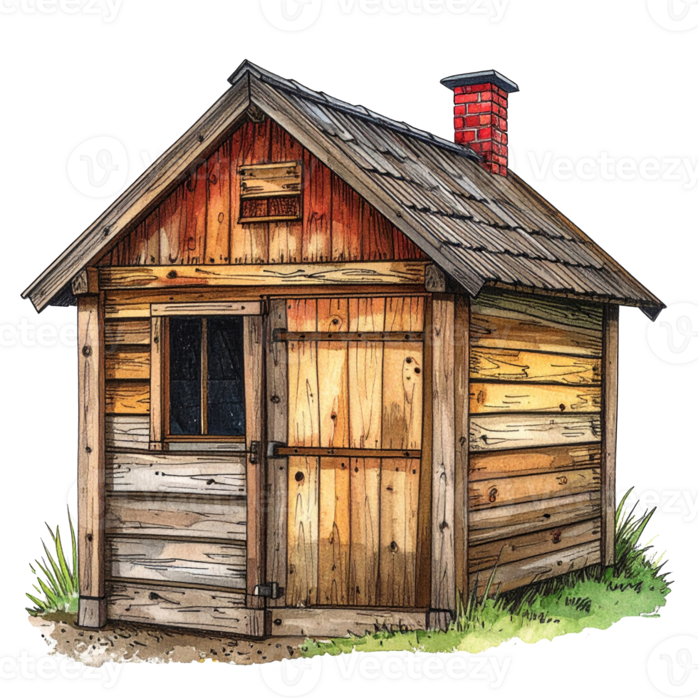 Rustic Wooden Cabin with Red Chimney on Grass png