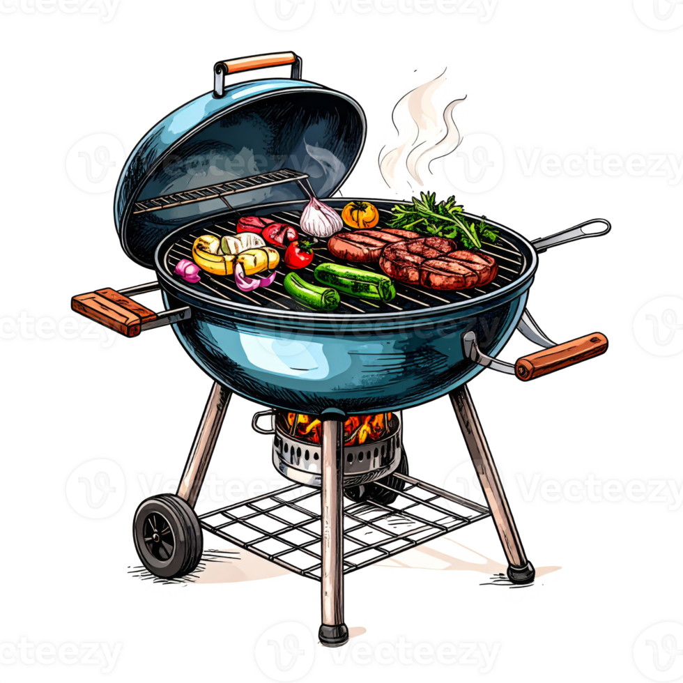 Blue Kettle Grill with Sizzling Steaks and Vegetables png