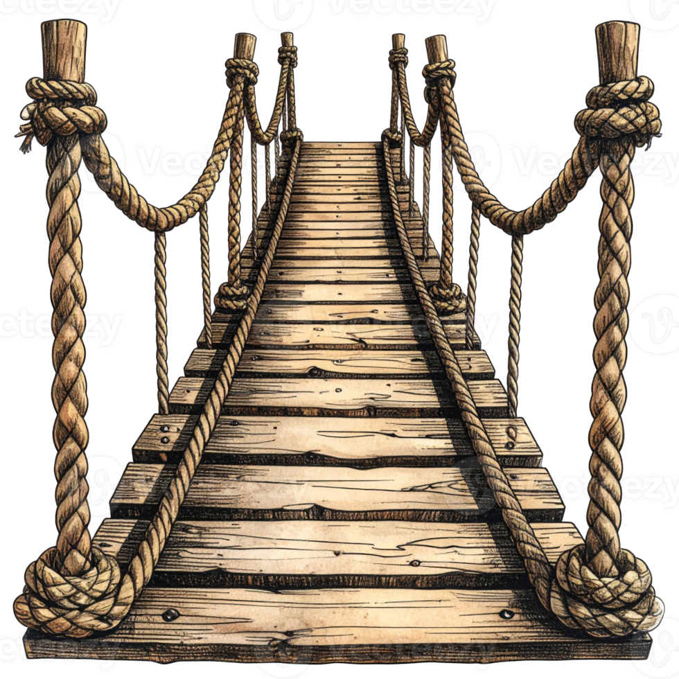 Rustic Wooden Rope Bridge on Transparent Background png
