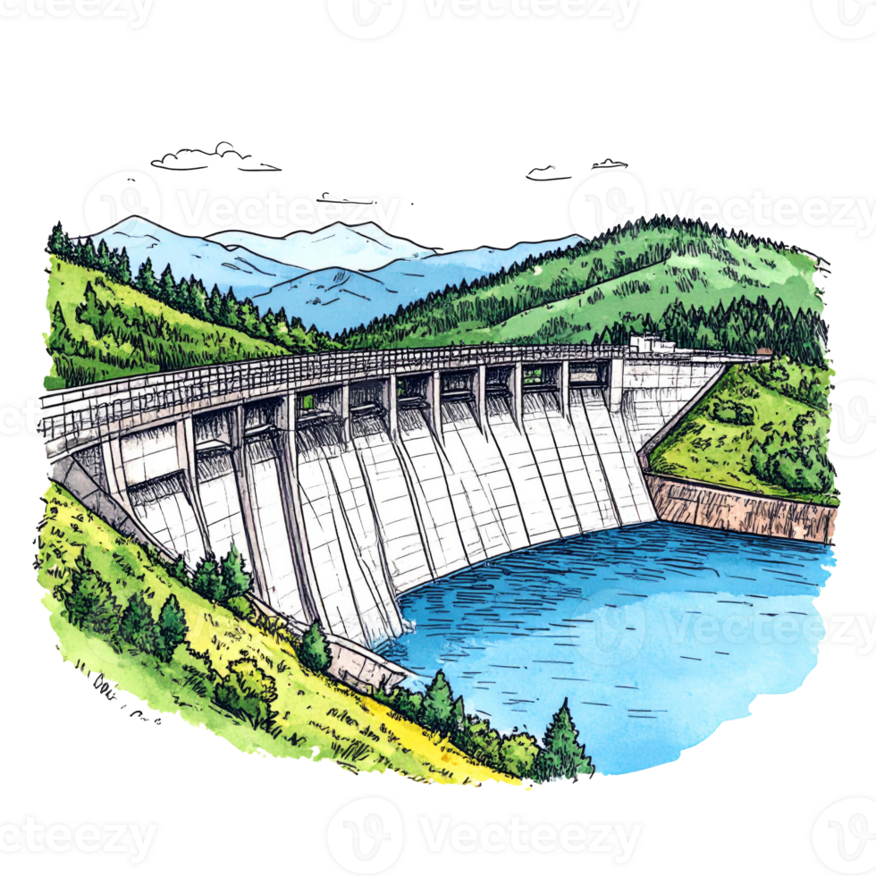 Detailed Watercolor Illustration of a Dam in a Mountainous Landscape png