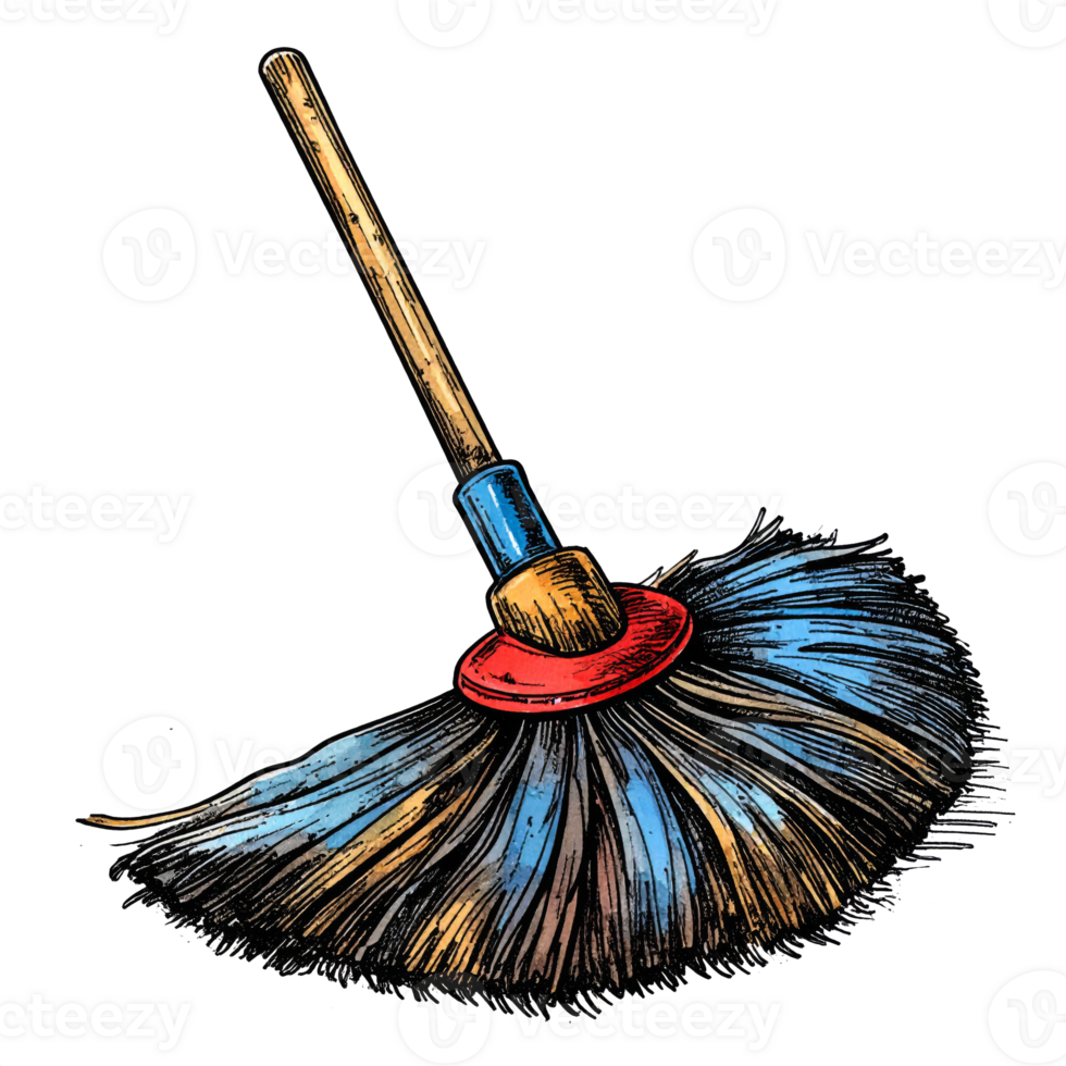 Hand Drawn Broom with Wooden Handle and Blue Bristles png