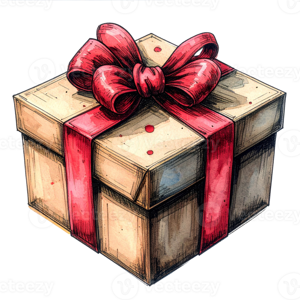 Tan Gift Box with Red Ribbon and Bow Watercolor Illustration png