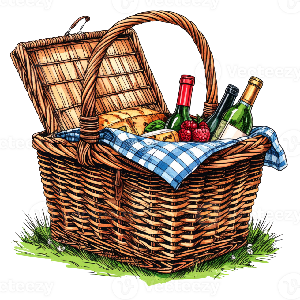 Brown Wicker Picnic Basket with Wine and Cheese png