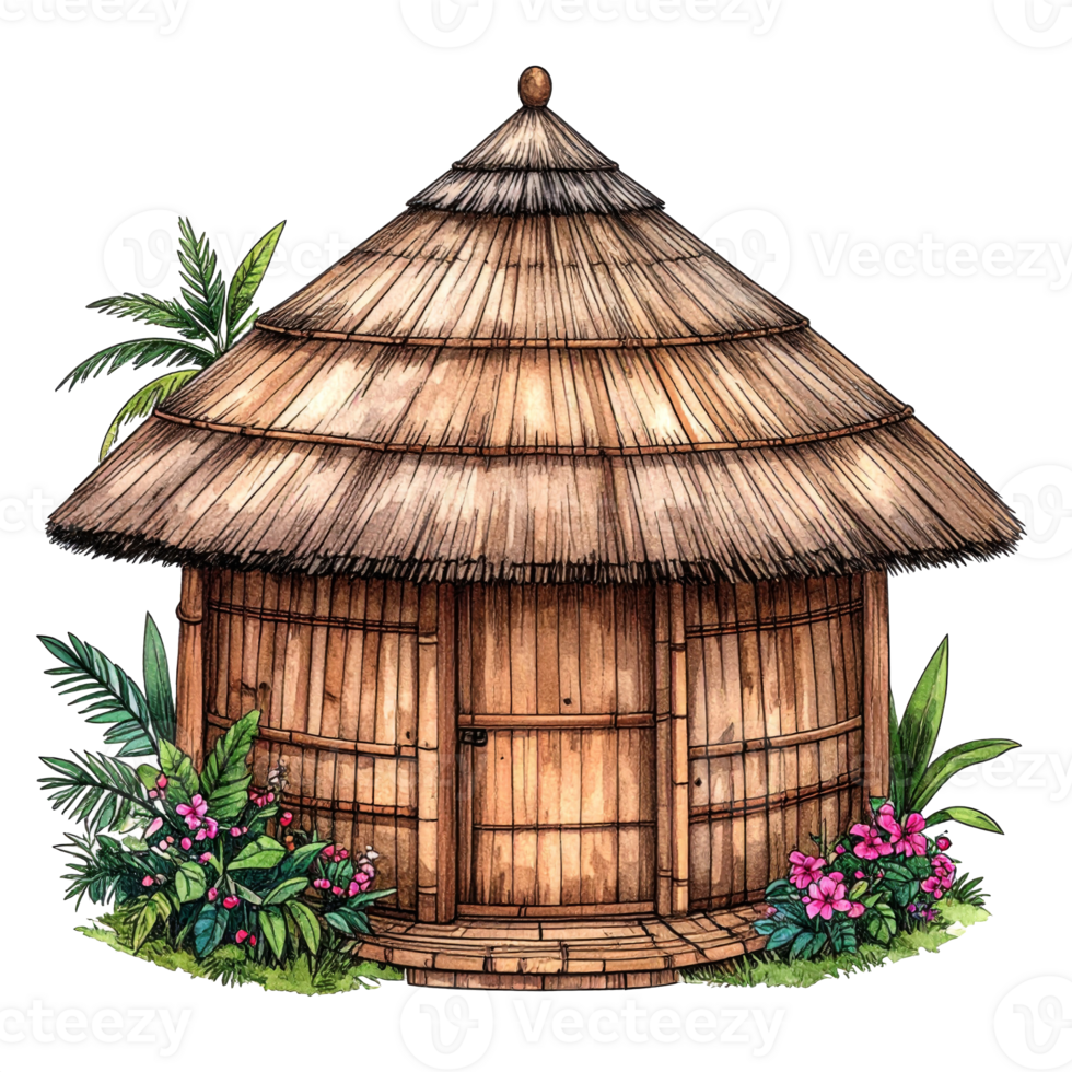 Tropical Thatched Bamboo Hut with Lush Greenery png
