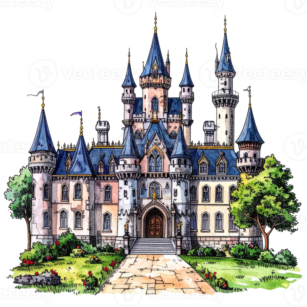 Fairytale Blue Castle Watercolor Illustration png