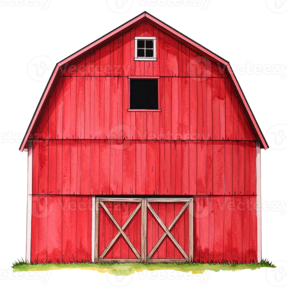 Red Wooden Barn with Double Doors and Windows png