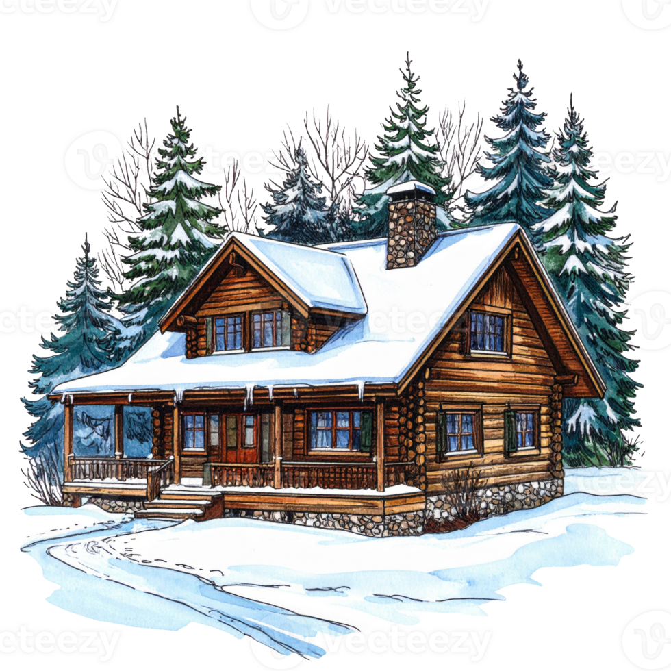 Snow Covered Log Cabin in Winter Wonderland png