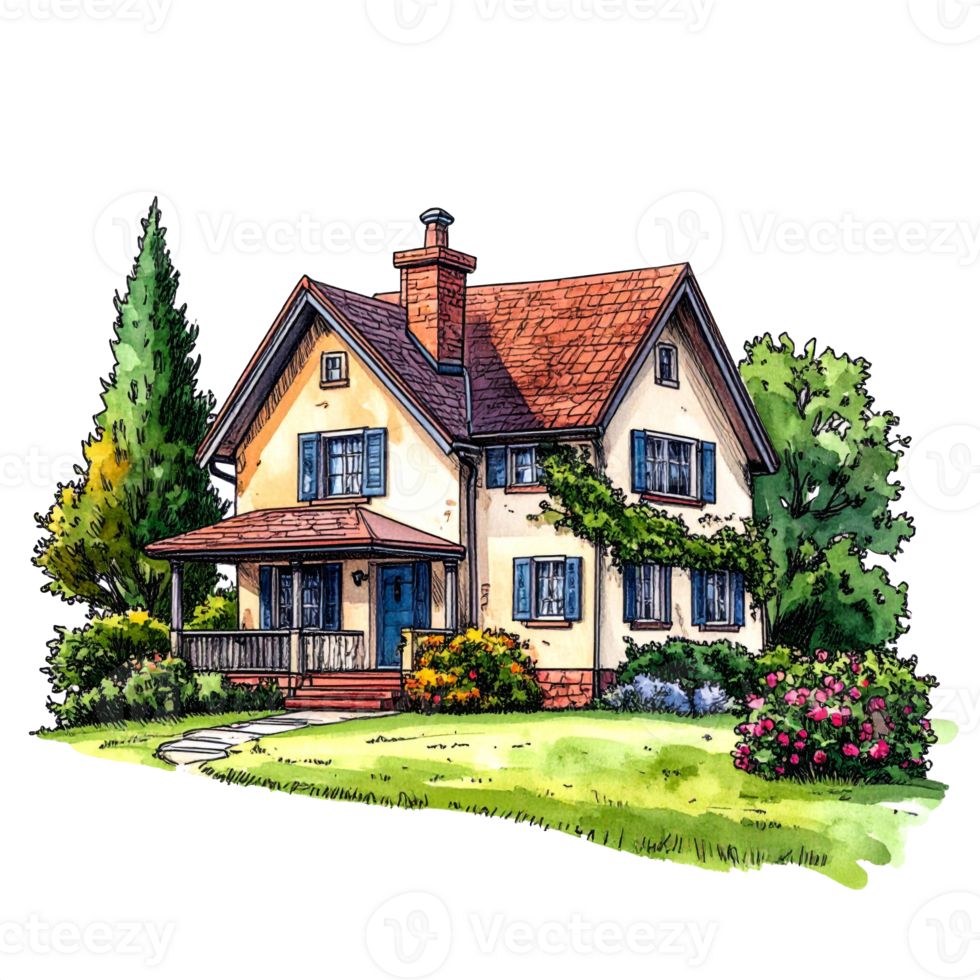 Charming Yellow Cottage with Red Roof and Blue Shutters png