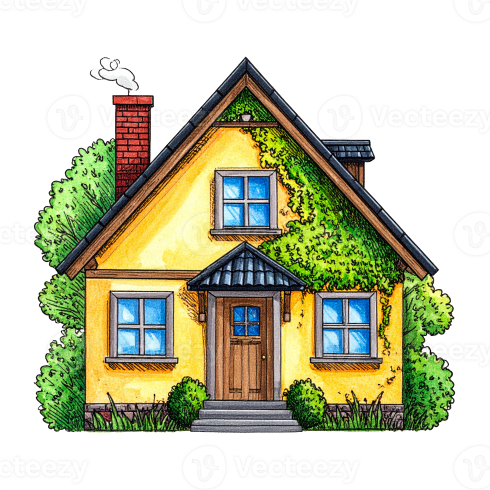 Yellow Cottage with Green Vines and Brick Chimney png