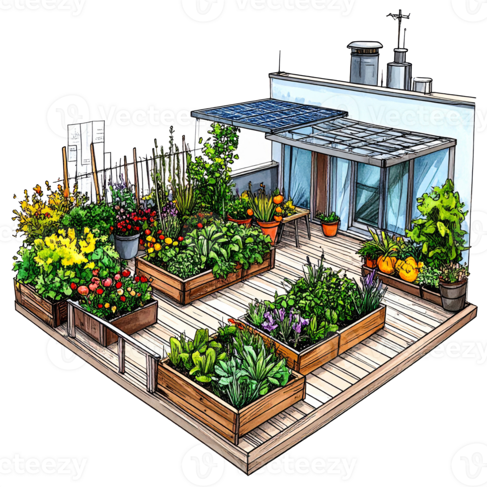 Vibrant Rooftop Garden with Raised Planter Boxes png