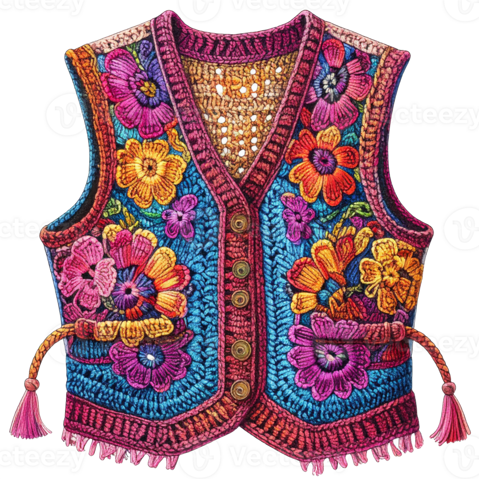 Colorful Floral Embroidered Crochet Vest png