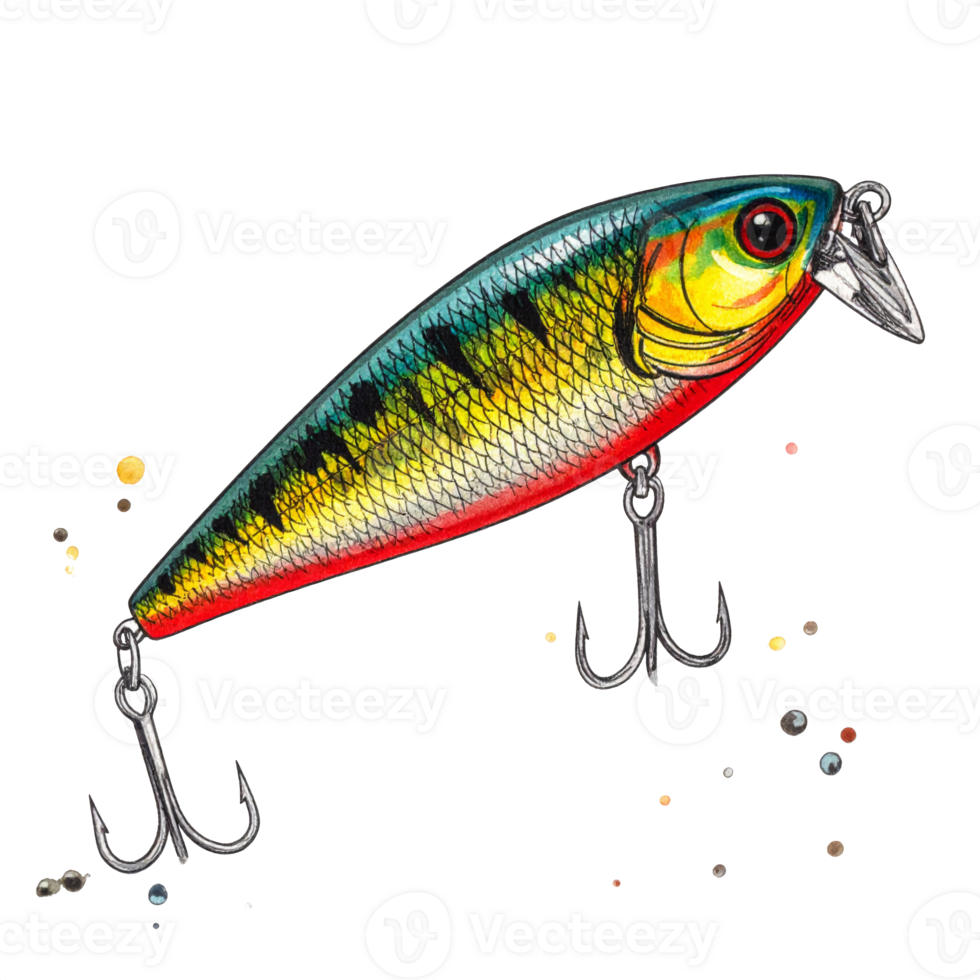 Colorful Fishing Lure with Triple Hooks on Transparent Background png