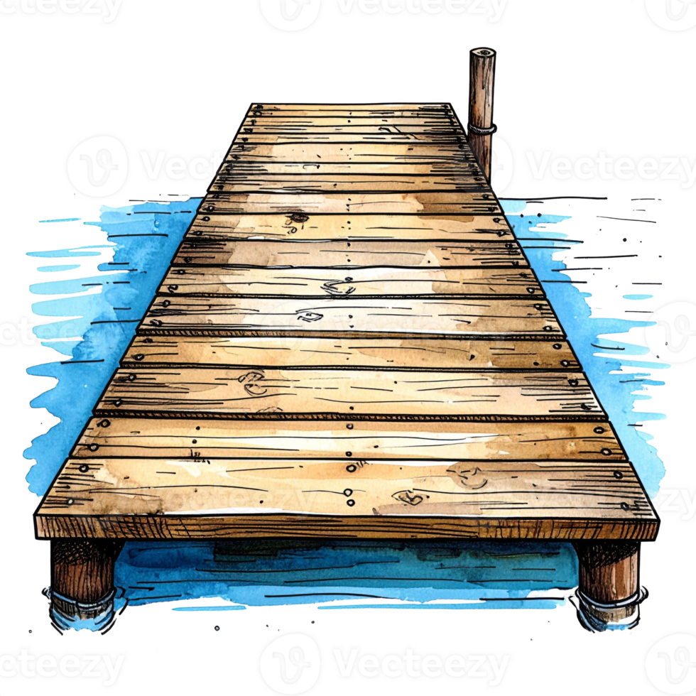 Detailed Rustic Wooden Dock on Calm Blue Water png