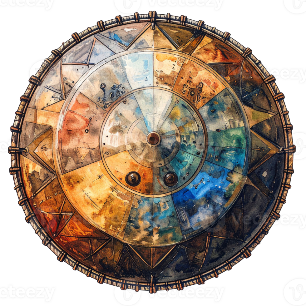 Circular Watercolor Shield Painting with Earthy Tones png