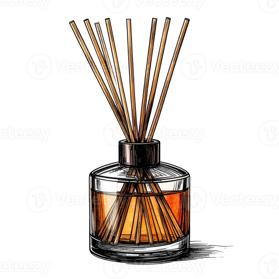 Detailed Reed Diffuser with Amber Liquid and Wooden Sticks png