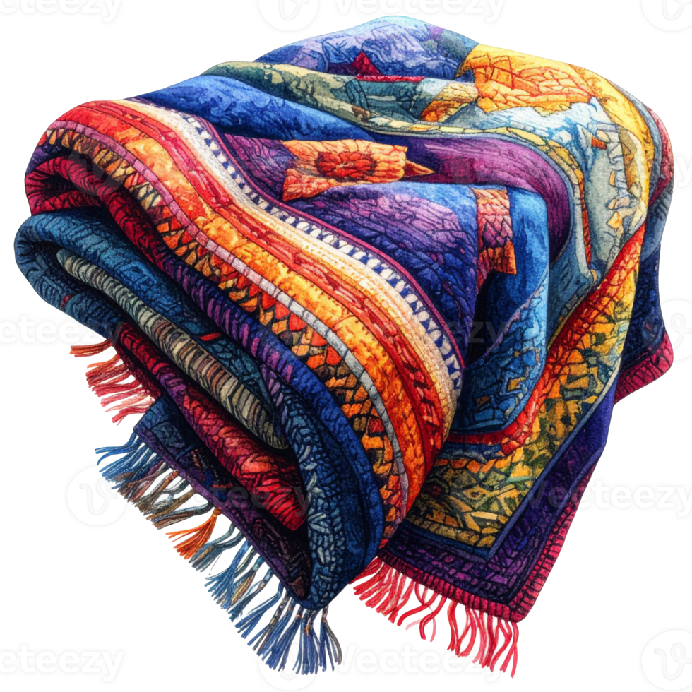 Colorful Folded Rug with Vibrant Stripes and Intricate Design png