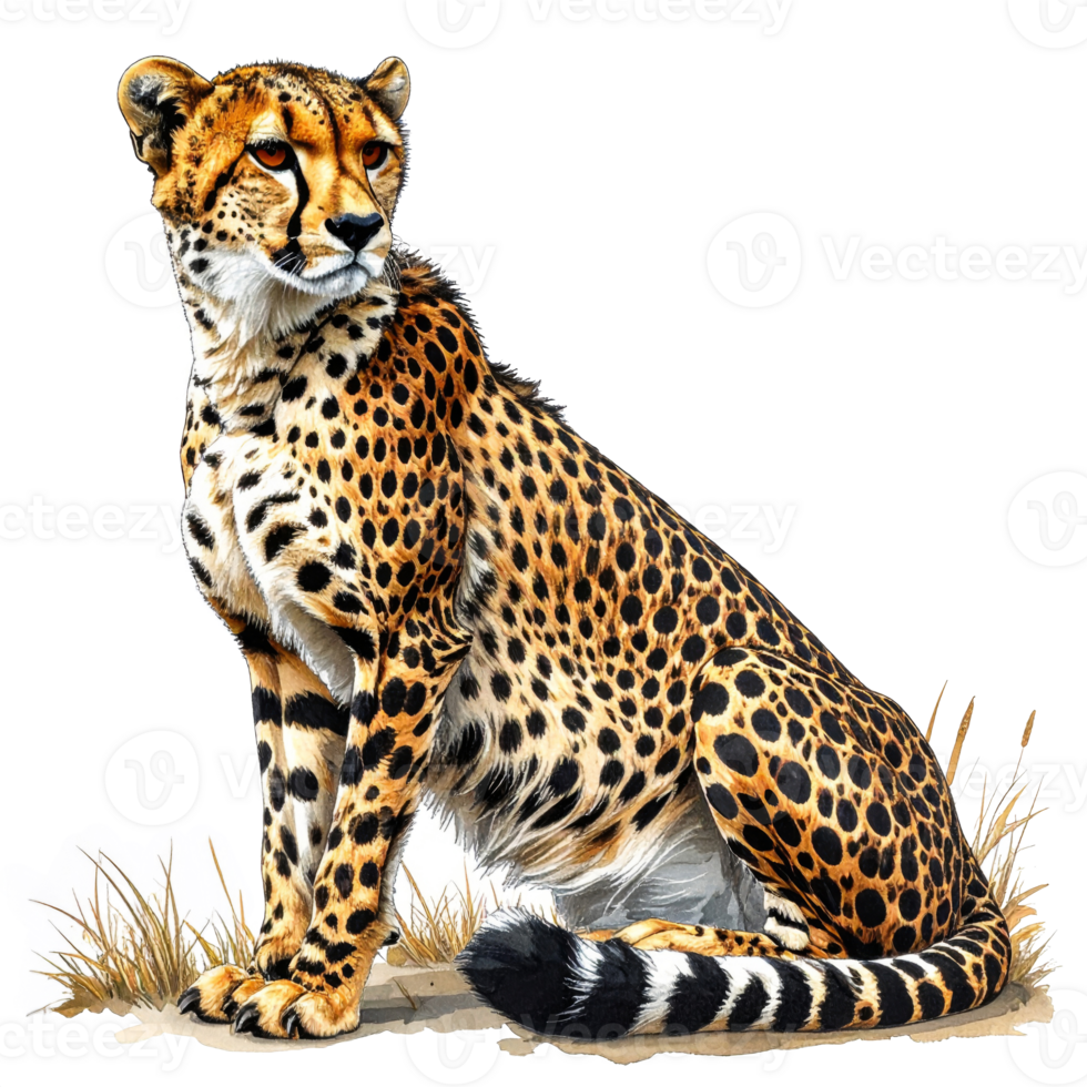 Alert Cheetah Sitting in Grass with Blue Flowers png