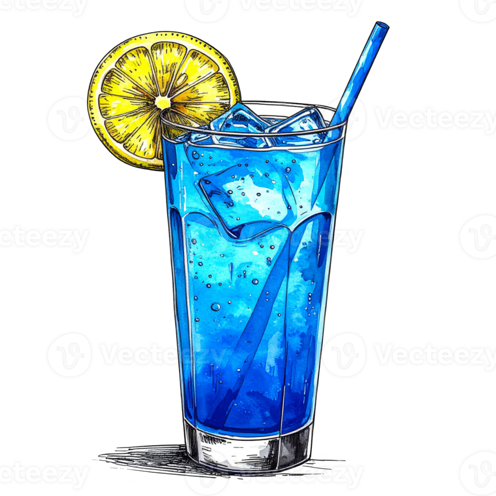 Blue Cocktail with Lemon and Ice in Tall Glass png