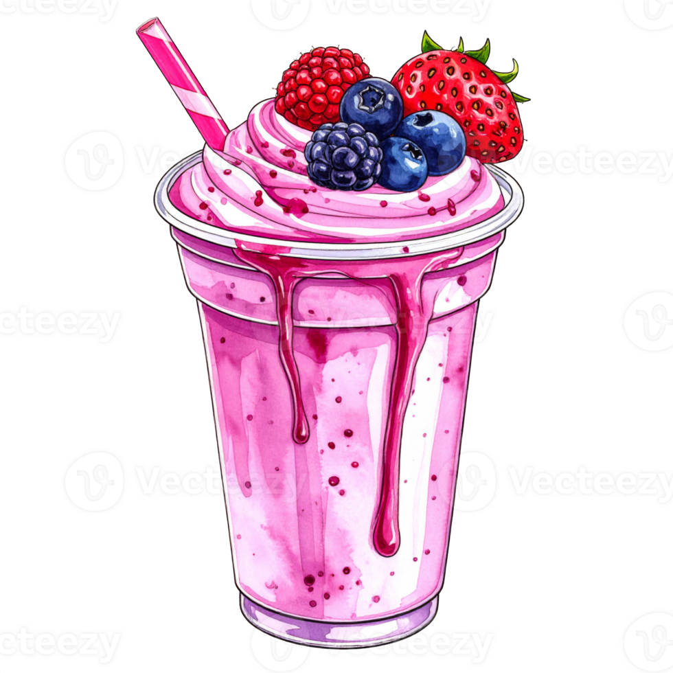 Pink Berry Smoothie with Whipped Cream and Fresh Berries png
