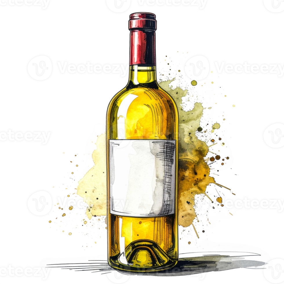 White Wine Bottle Illustration with Watercolor Splash png