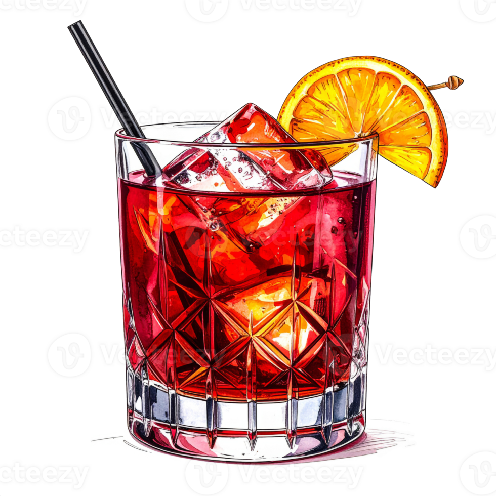 Red Cocktail with Orange Slice in Cut Glass png