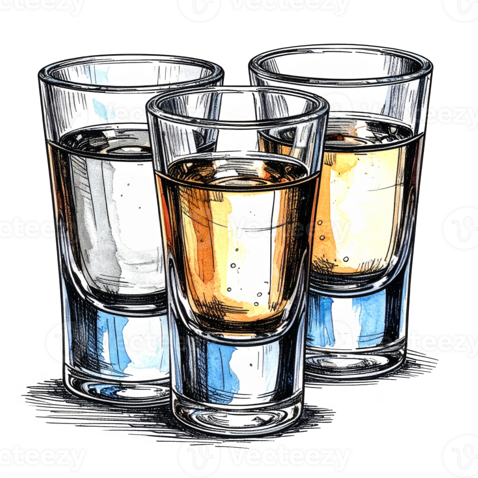 Three Shot Glasses of Amber and Clear Liquids png