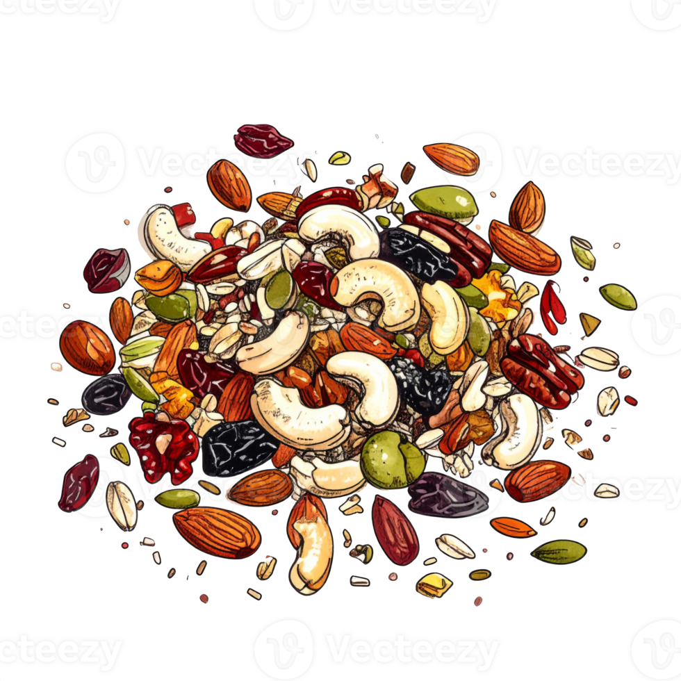 Colorful Mix of Nuts and Dried Fruits on Transparent Background png