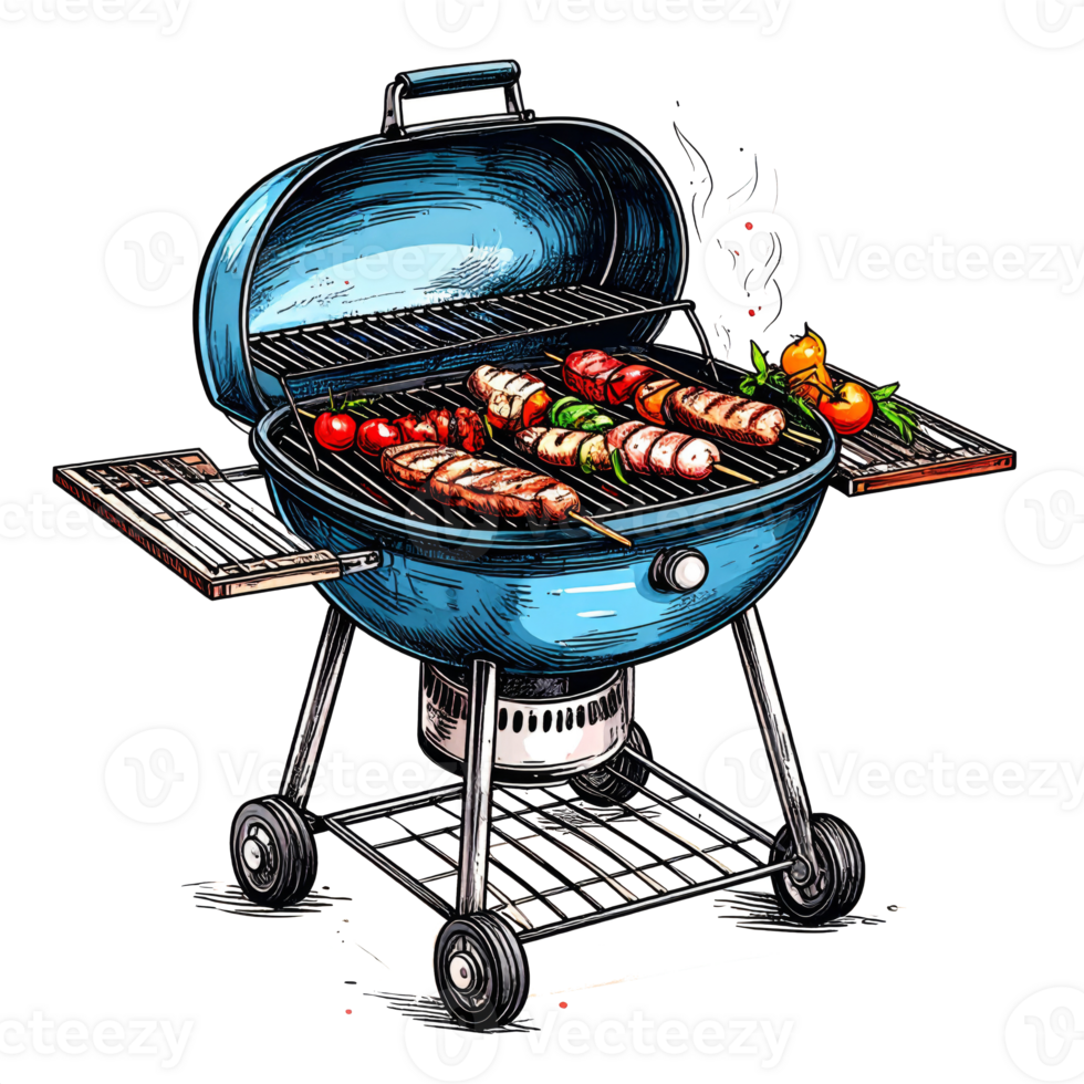 Blue Round Grill with Kebabs and Vegetables png