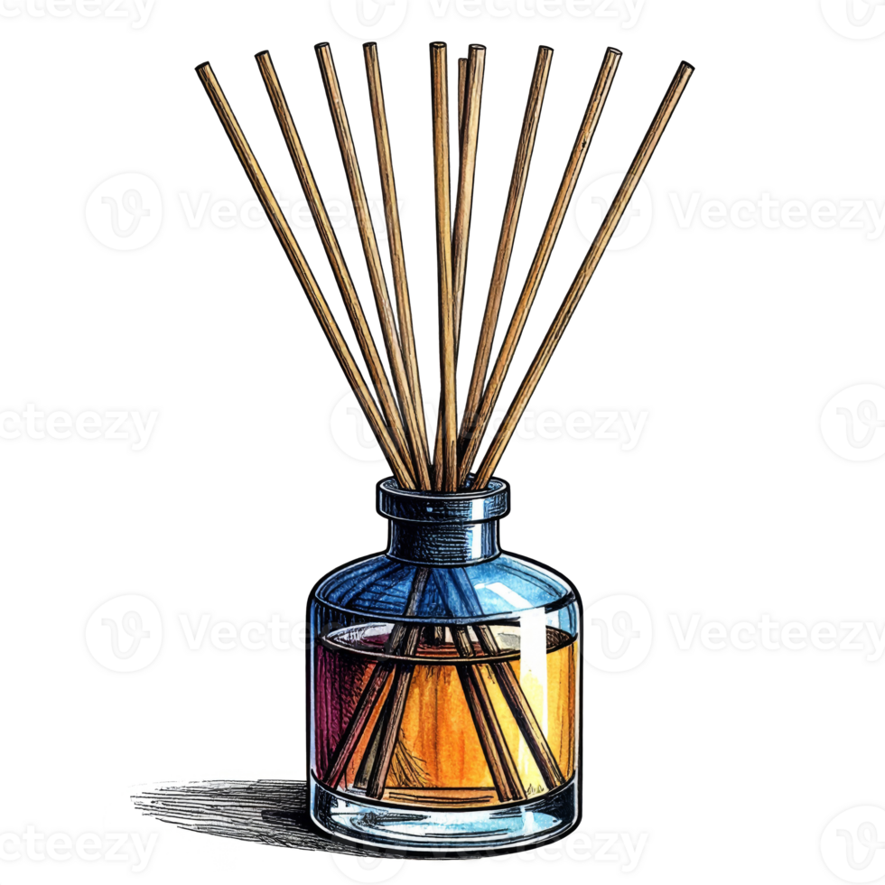 Reed Diffuser Illustration with Amber Liquid and Wooden Sticks png