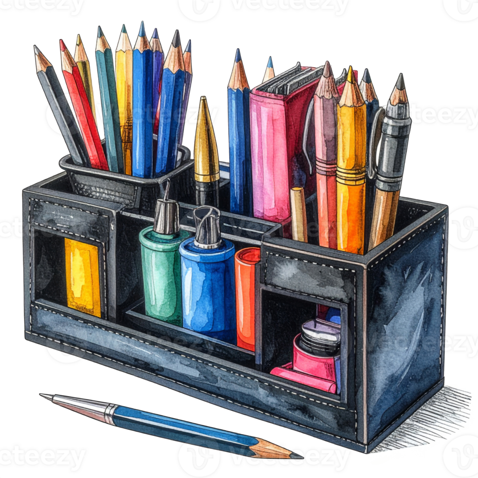 Colorful Pencils Pens in Black Desk Organizer png