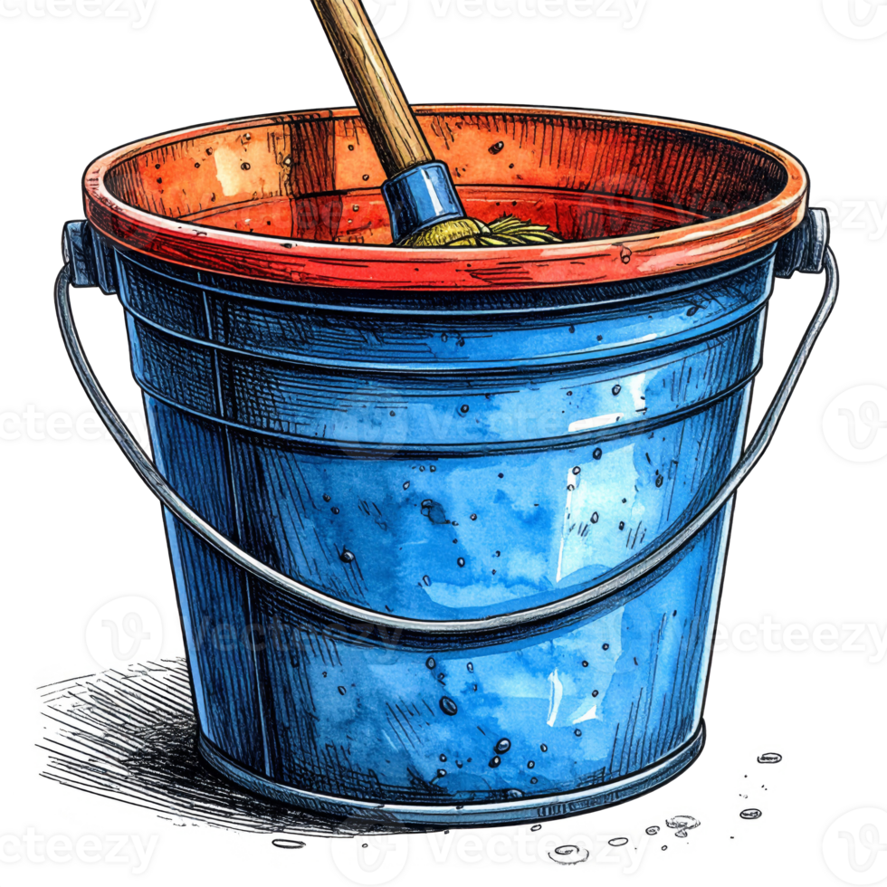 Blue Metal Bucket with Mop and Red Rim Illustration png