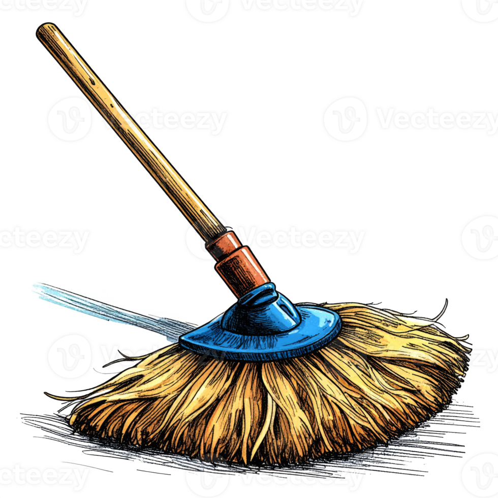 A Straw Broom with a Wooden Handle and Blue Connector png