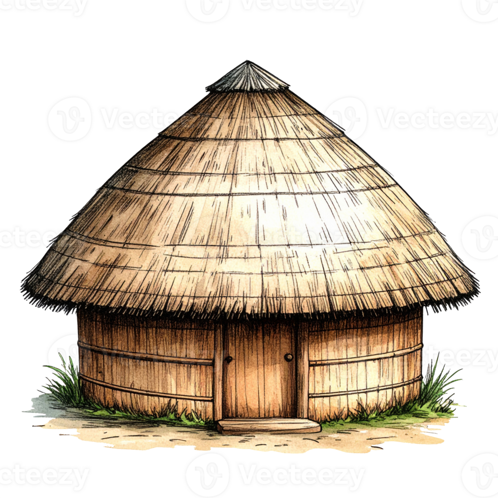 Round Thatched Hut with Wooden Walls Illustration png