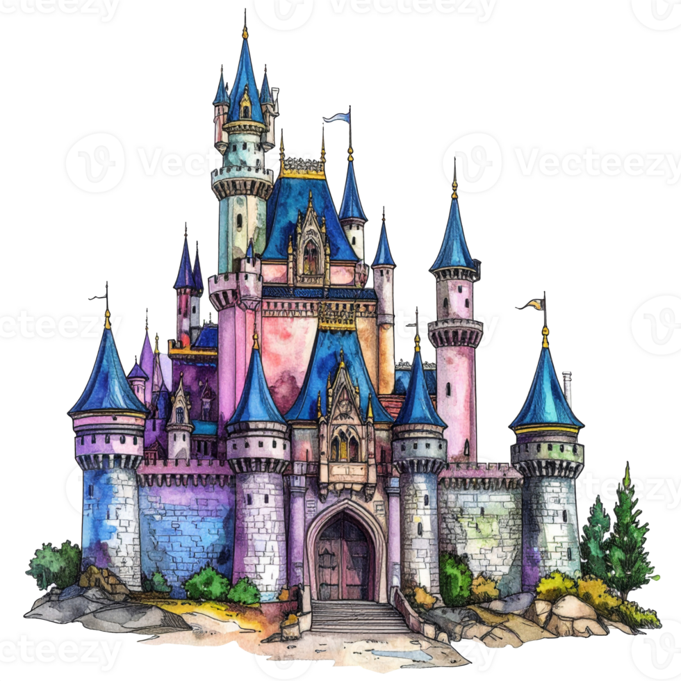 Watercolor Illustration of a Pink and Blue Fairytale Castle png