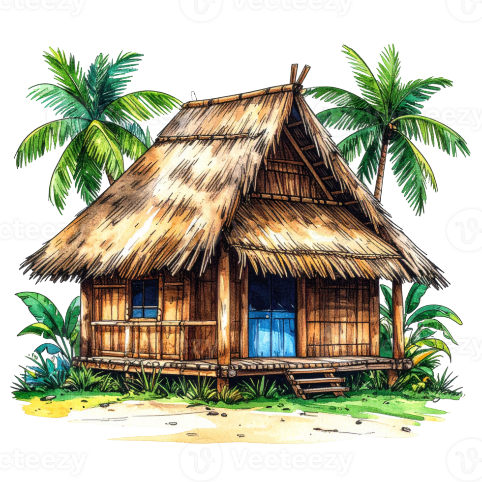 Tropical Bamboo Hut with Thatched Roof and Palm Trees png