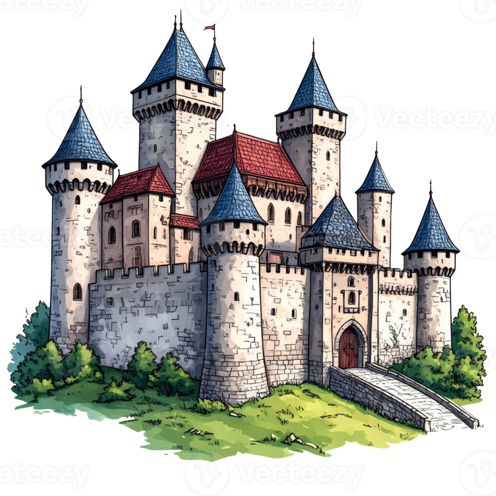 Medieval Stone Castle Illustration on Hill png