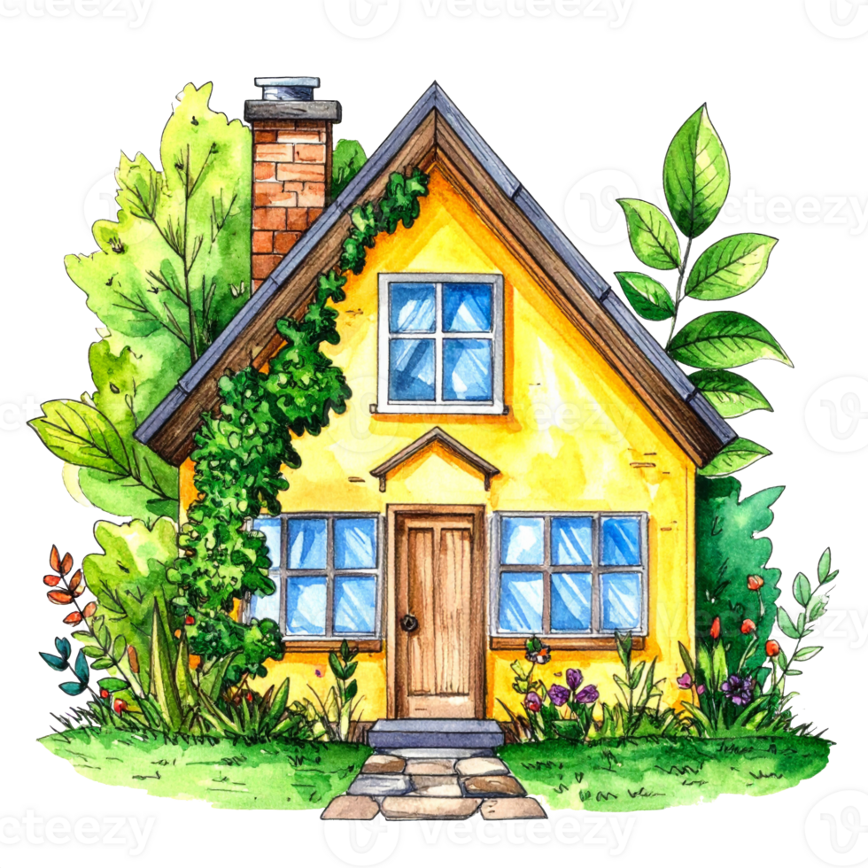 Yellow Cottage Watercolor Illustration with Green Garden png