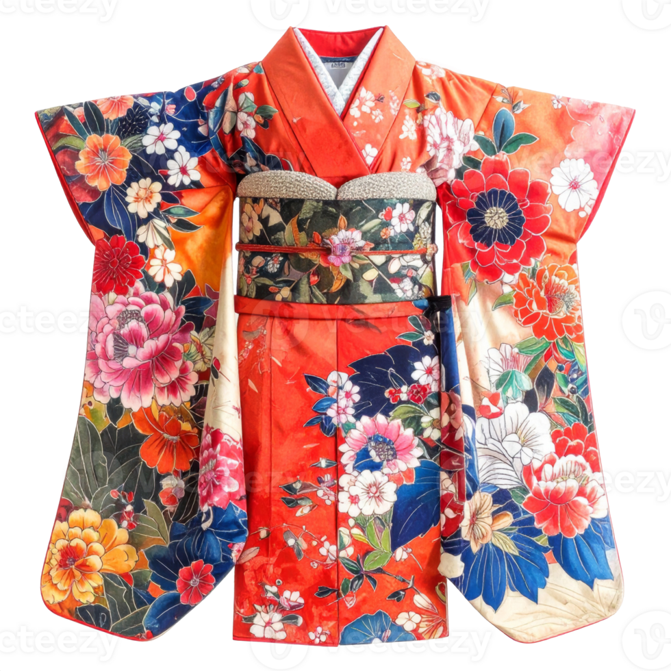 Vibrant Red Floral Kimono with Intricate Pattern png