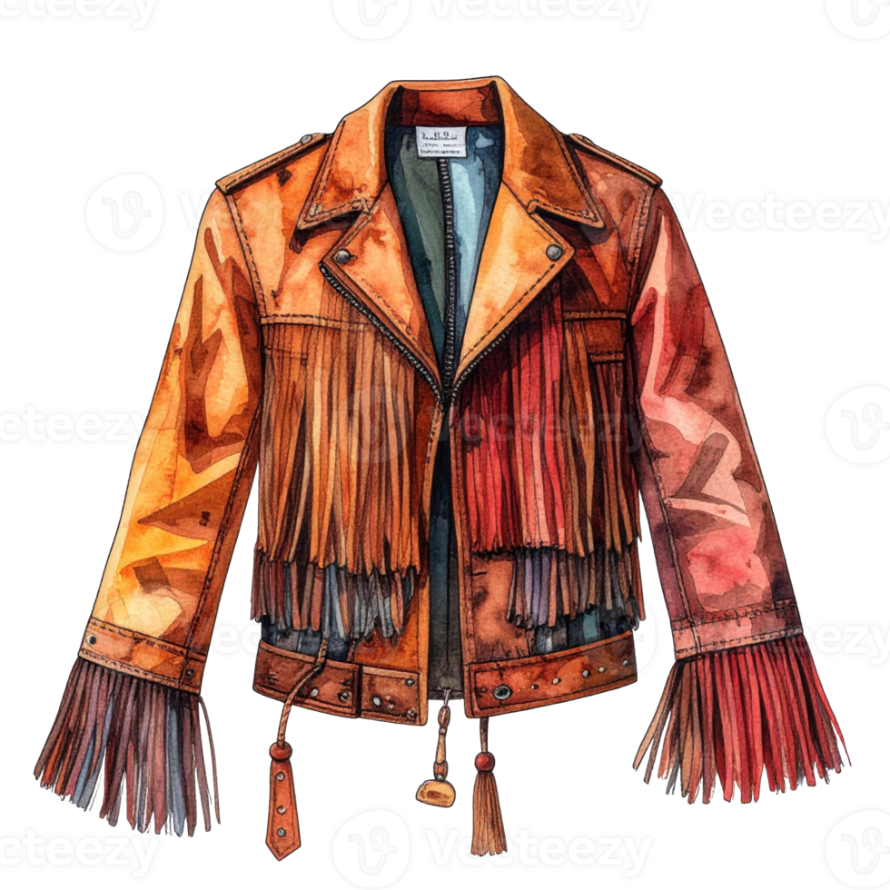 Watercolor Brown Leather Fringe Jacket Illustration png