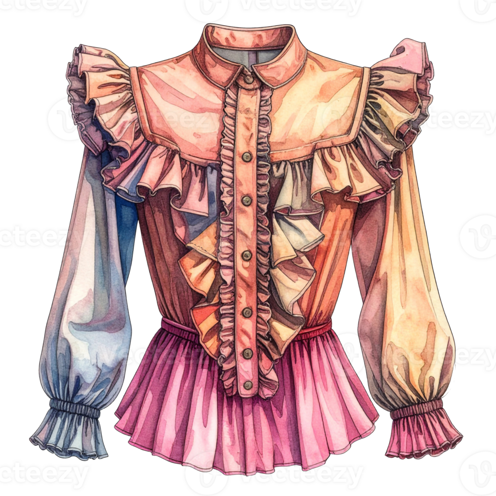 Watercolor Blouse with Ruffles and Colorful Design png